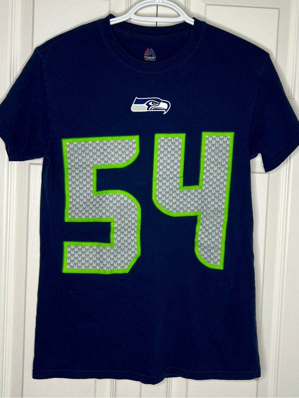Majestic Seattle Seahawks Navy Tee with Lime Accented 54 Wagner
